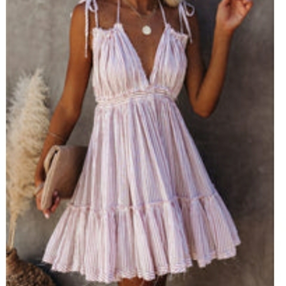 Candy Striper Frayed High Low Halter Dress - Small